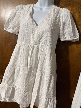 Zara White Eyelet V-Neck Tiered Mini Dress